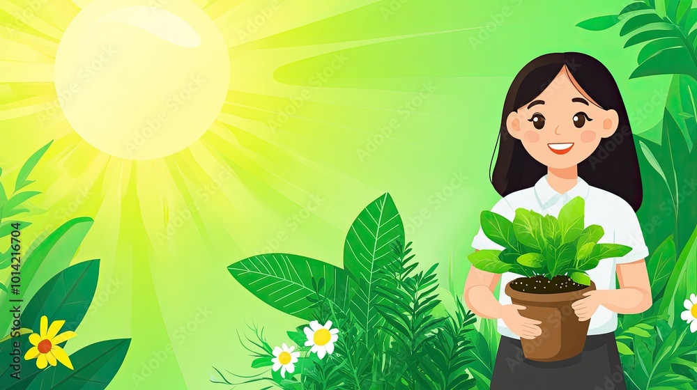 A smiling girl in white shirt holds a potted plant against a green and yellow background of leaves, flowers, and a sun.