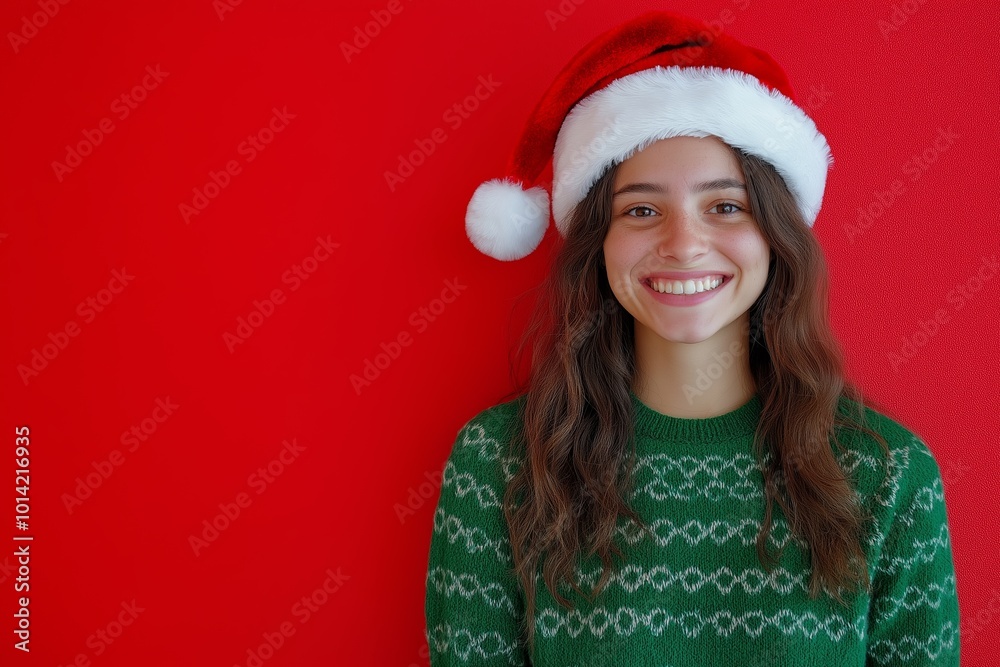 Joyful woman wearing a green sweater and Santa hat against a bright red background celebrating the festive season with a radiant smile