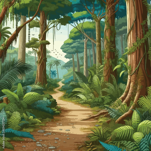 jungle path winding through tall, thick trees and surrounded illustration