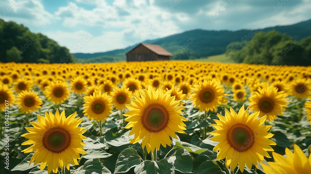 Fototapeta premium Sunlit Field of Blooming Sunflowers Under a Vibrant Sky