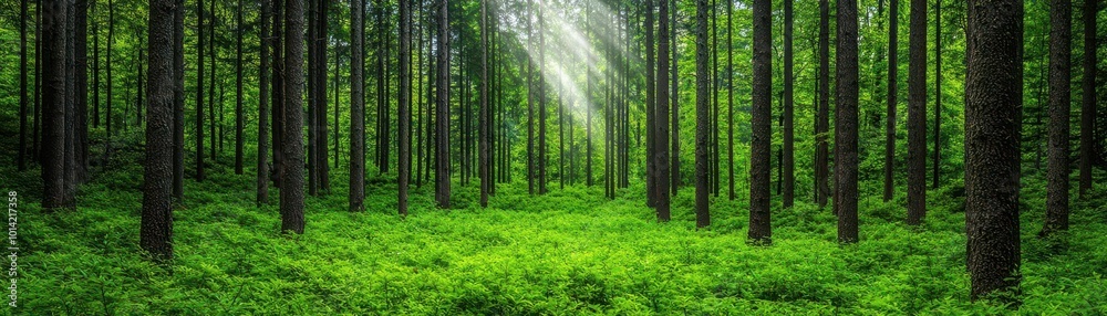Obraz premium Lush green forest scene with tall trees and vibrant undergrowth, showcasing nature's beauty and serenity, perfect for evoking feelings of tranquility and harmony.