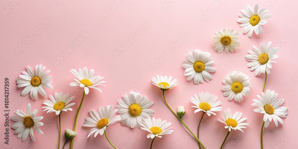 Fototapeta premium Dainty white daisies with yellow centers arranged on a soft pink background, creating a simple and elegant floral display