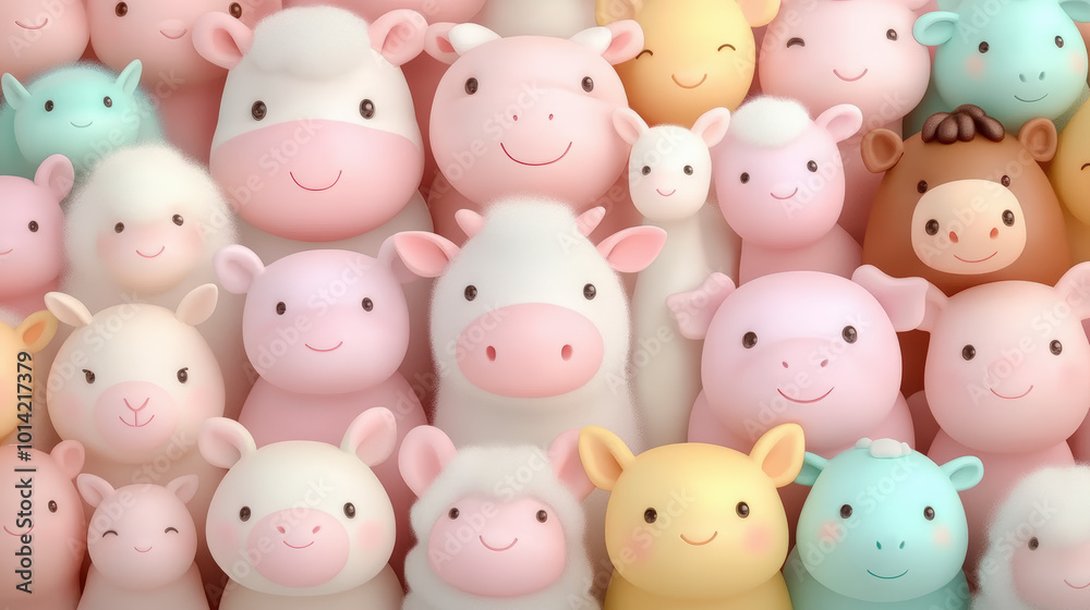 A delightful collection of cute, smiling plush animals including cows, pigs, sheep, and others, all with soft pastel colors and round, friendly faces. A delightful collection of cute, smiling plush animals including cows, pigs, sheep, and others, all with soft pastel colors and round, friendly faces.