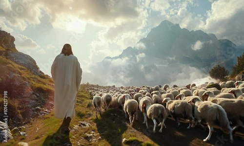 Jesus Christ herding sheep with a stick