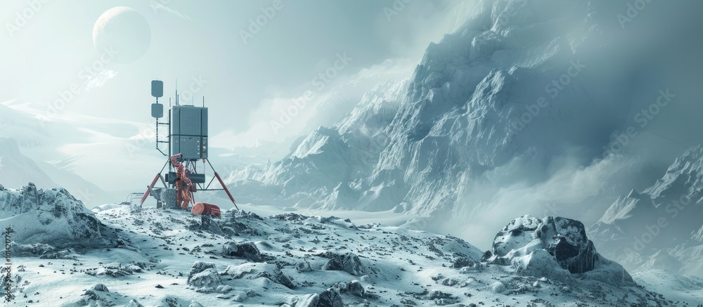 Obraz premium A futuristic robotic weather monitoring station stands amidst the frozen icy landscape of the Arctic The autonomous outpost collects data on the powerful storm system raging across the remote