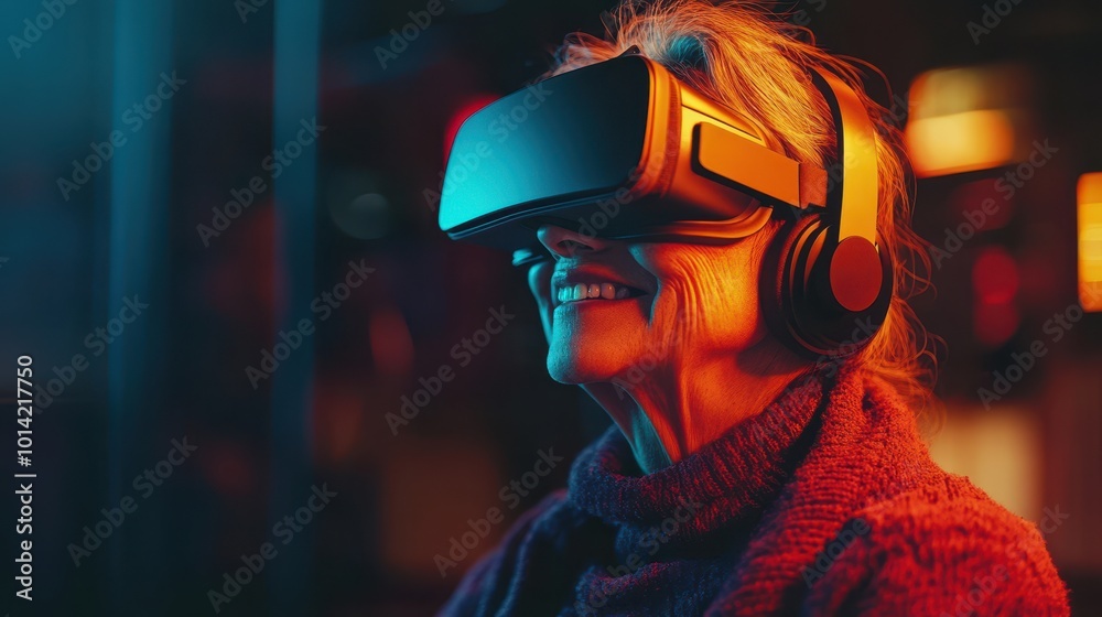 Generative AI image of smiling aged female watching video in VR headset Generative AI image of smiling aged female watching video in VR headset