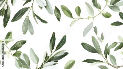 Olive branches with sage green leaves form a seamless pattern on a white background, adding a touch of nature and elegance.