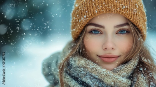 Beautiful woman posing in the snow on a winter day. Copyspace.