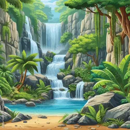 jungle waterfall surrounded by massive rocks, tropical plants illustration 