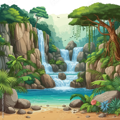 jungle waterfall surrounded by massive rocks, tropical plants illustration 