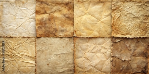 A Collage of Aged and Wrinkled Paper Squares, Exhibiting a Spectrum of Brown Hues and Subtle Texture Variations