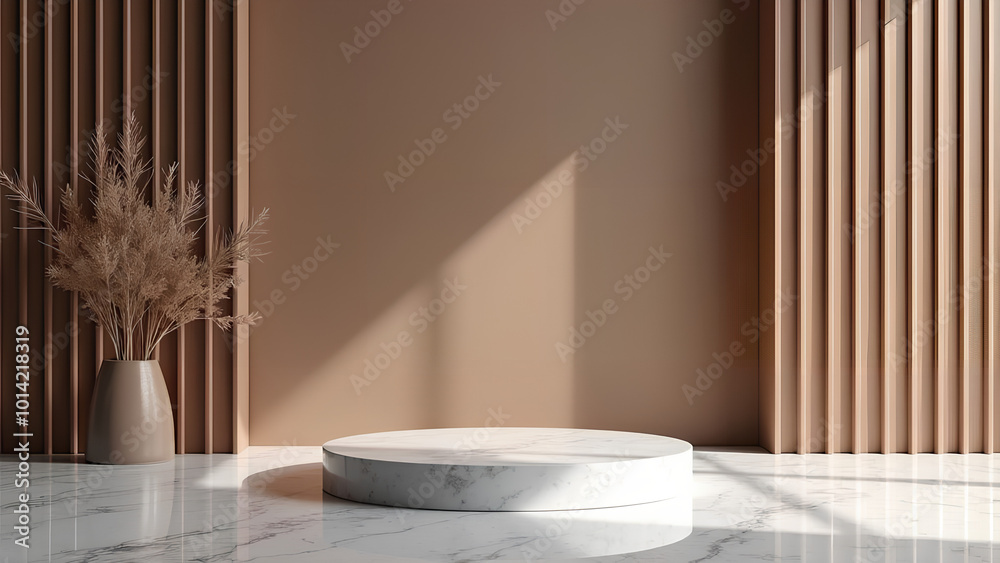 Gray kitchen marble tabletop for product presentation Empty countertop mockup on brown wall panels with wooden slats Clean podium for luxury bar or beauty advertisement