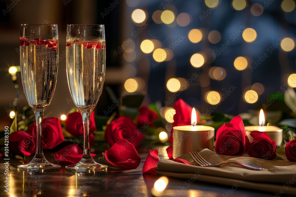 Romantic dinner setting with champagne, candles, and roses for a Valentine's Day celebration. Romantic dinner setting with champagne, candles, and roses for a Valentine's Day celebration.