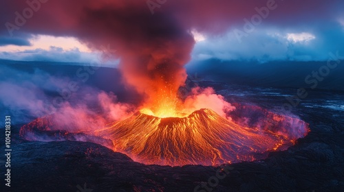 Overhead view of a volcano starting to erupt, glowing magma and dark smoke rising from the crater in a powerful display of nature force.