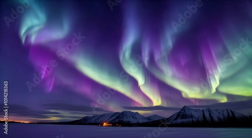 A vibrant aurora borealis dancing across the sky, intersecting with the Milky Way in a mesmerizing display