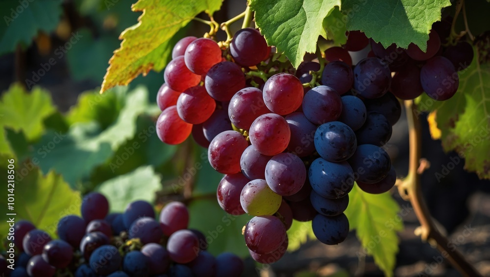 Close-up of purple grapevines with natural sunlight in vineyard Close-up of purple grapevines with natural sunlight in vineyard