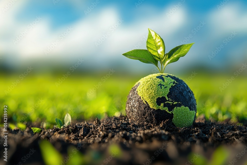 Seedling sprouting on a globe in a lush green field Seedling sprouting on a globe in a lush green field