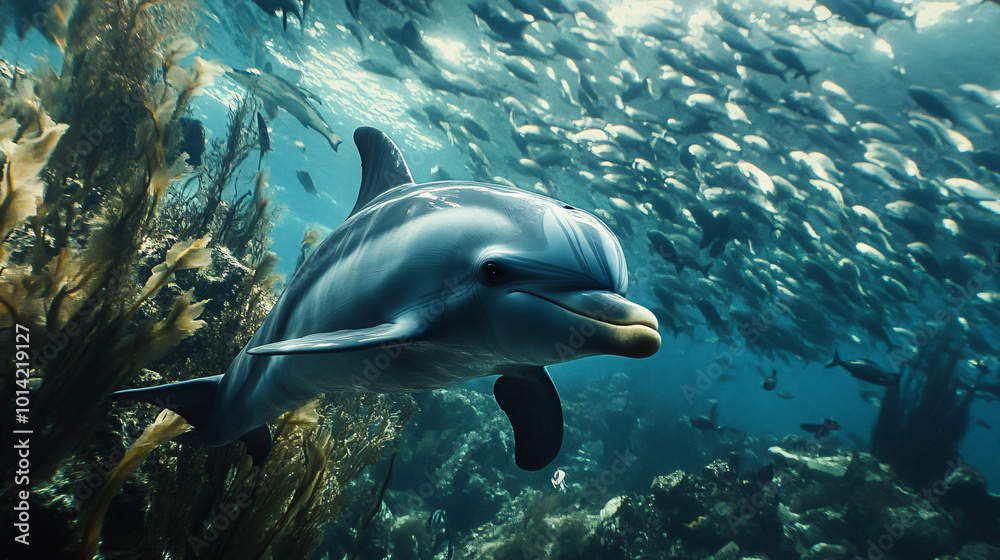Naklejka premium A playful dolphin swimming alongside a school of fish