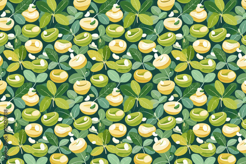 Seamless pattern with green fava beans on green background. Vector illustration.