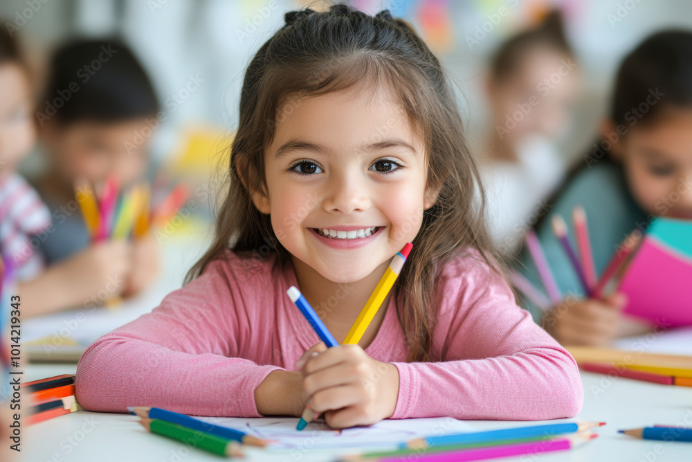 A young girl smiles brightly while holding colored pencils in a classroom, surrounded by other children engaging in drawing activities. A young girl smiles brightly while holding colored pencils in a classroom, surrounded by other children engaging in drawing activities.