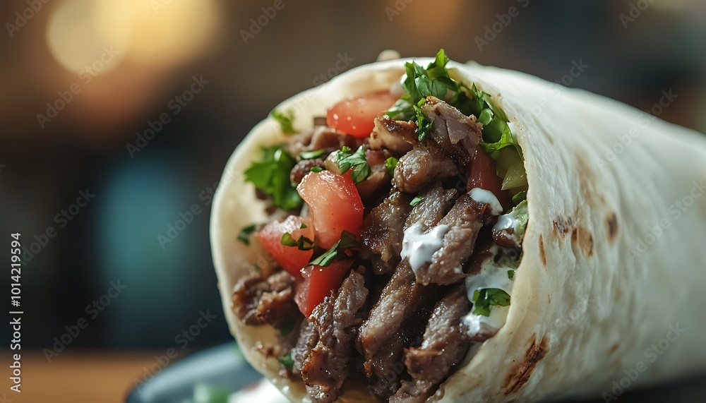 Close-up of a Shawarma Wrap with Meat, Tomatoes, and Parsley Close-up of a Shawarma Wrap with Meat, Tomatoes, and Parsley