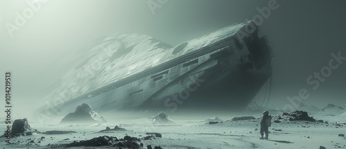 An astronaut stands before a crashed derelict spaceship shrouded in thick, misty fog on a snowy alien planet