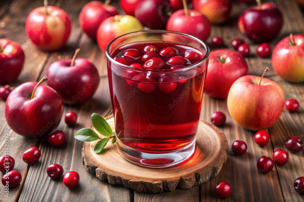 Cranberry juice with fresh cranberries and apples on table Cranberry juice with fresh cranberries and apples on table