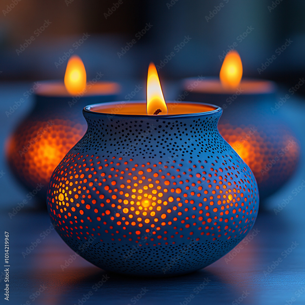Three glowing oil lamps surrounded by radiant blue and orange light patterns, creating a warm and inviting atmosphere, ideal for a peaceful evening or festive celebration. Three glowing oil lamps surrounded by radiant blue and orange light patterns, creating a warm and inviting atmosphere, ideal for a peaceful evening or festive celebration.