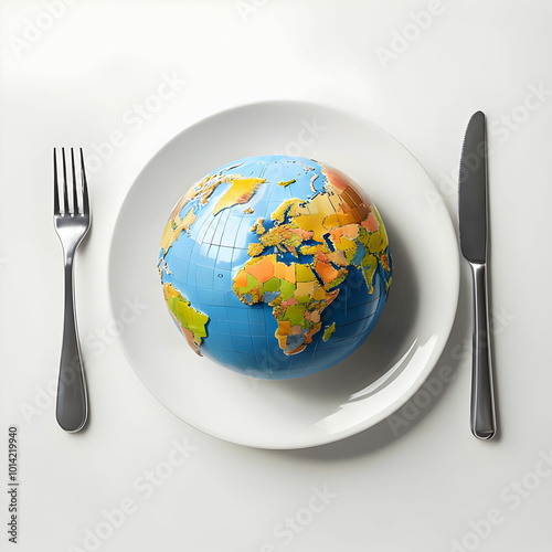 A globe on a plate with a fork and knife on a light background