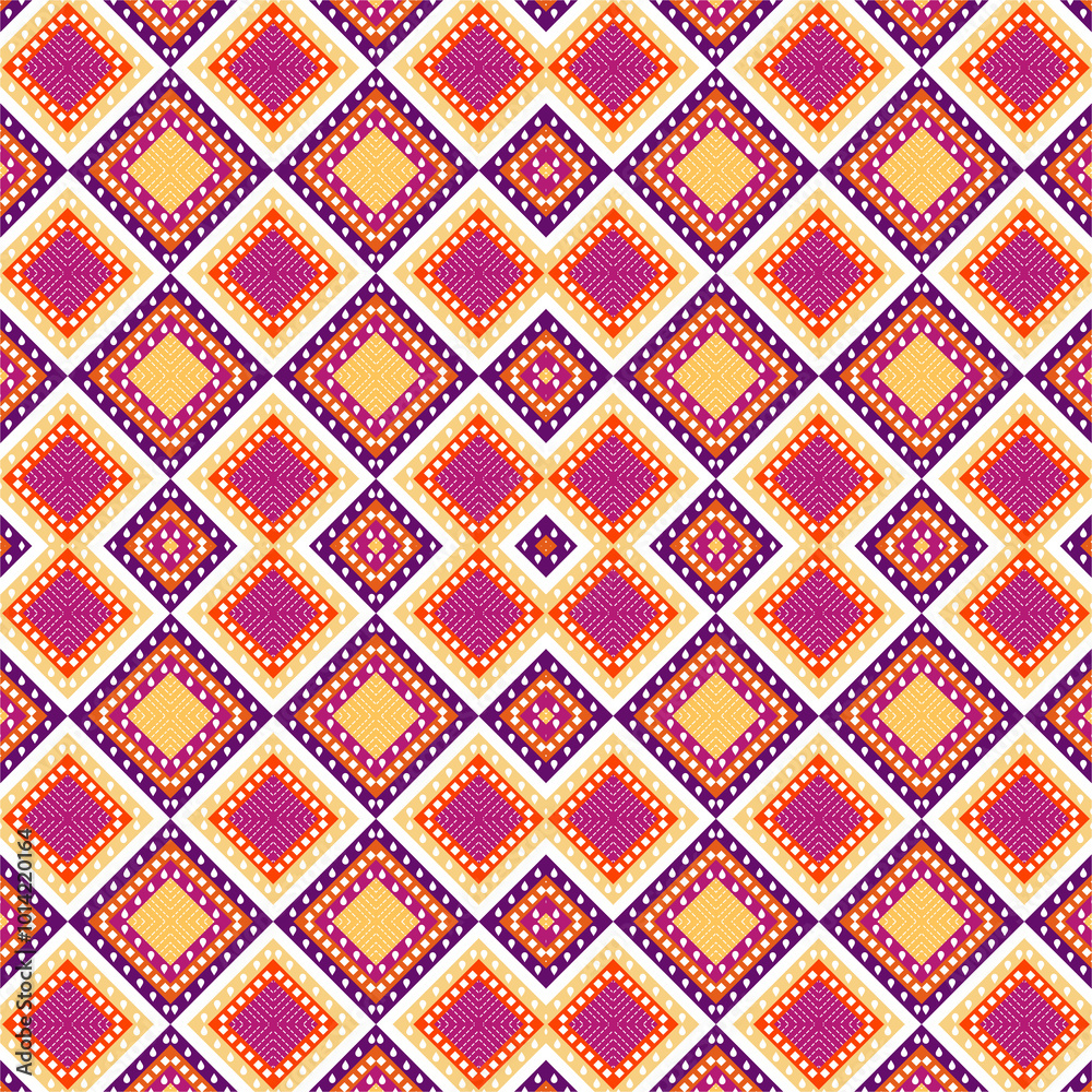A grid of squares pattern on this seamless fabric, bold purple, forms the foundation of the design. Each square is filled with a delicate pattern of small, yellow diamonds of texture and depth. A grid of squares pattern on this seamless fabric, bold purple, forms the foundation of the design. Each square is filled with a delicate pattern of small, yellow diamonds of texture and depth.