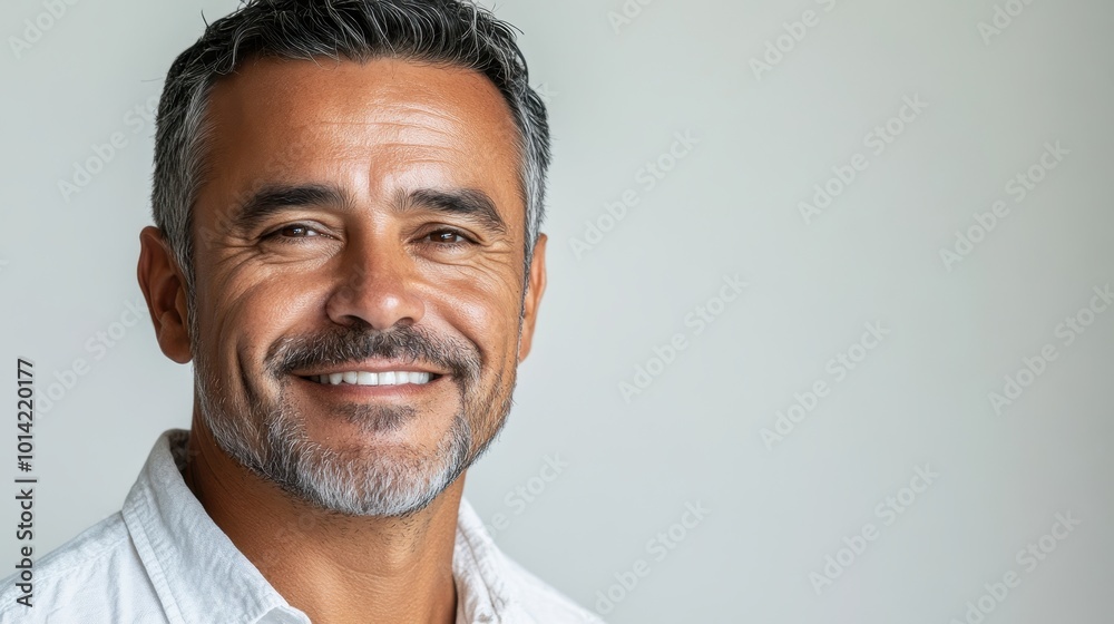 Close-up portrait of a mature middle-aged man, a freelancer or entrepreneur, isolated on a white background. A smiley, good-looking, 40-year-old Latin Hispanic businessman faces the camera. Close-up portrait of a mature middle-aged man, a freelancer or entrepreneur, isolated on a white background. A smiley, good-looking, 40-year-old Latin Hispanic businessman faces the camera.