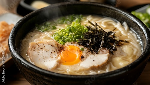 Steaming Bowl of Udon Noodles with Egg, Chicken, and Seaweed