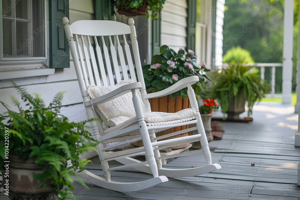 Elegant white rocking chair with wooden slats and soft cushion placed outdoors in a charming porch area surrounded by green plants and potted flowers. Elegant white rocking chair with wooden slats and soft cushion placed outdoors in a charming porch area surrounded by green plants and potted flowers.