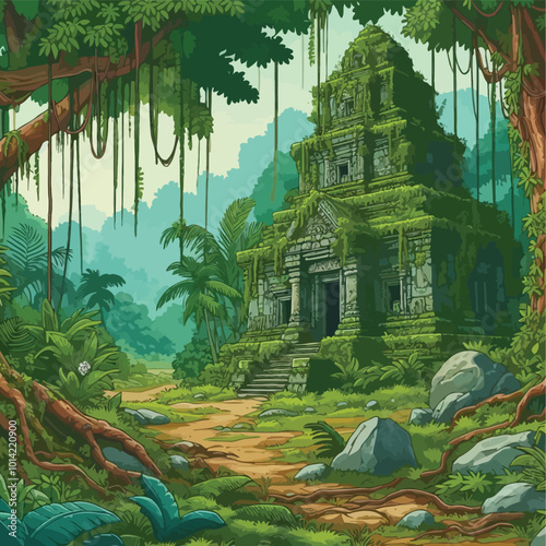 overgrown, ancient temple hidden deep in a tropical illustration 