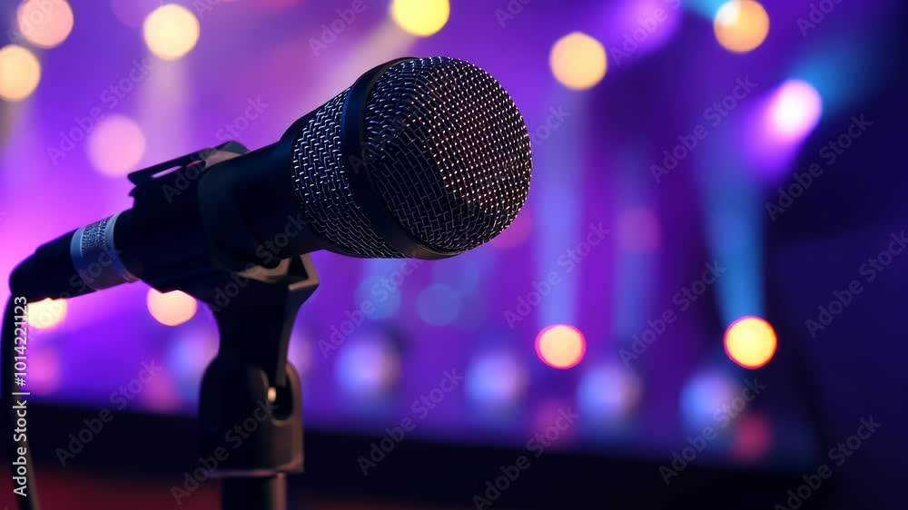 A black microphone sits on a stand in front of a purple stage with bright lights A black microphone sits on a stand in front of a purple stage with bright lights