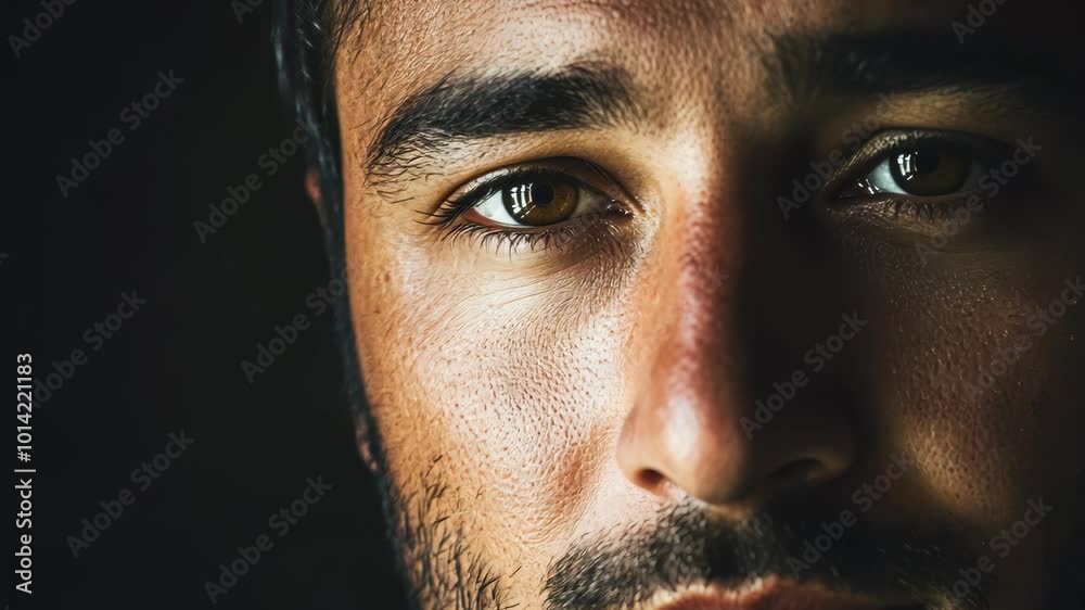A close-up portrait of a man's face with intense eyes, captured against a dark background A close-up portrait of a man's face with intense eyes, captured against a dark background