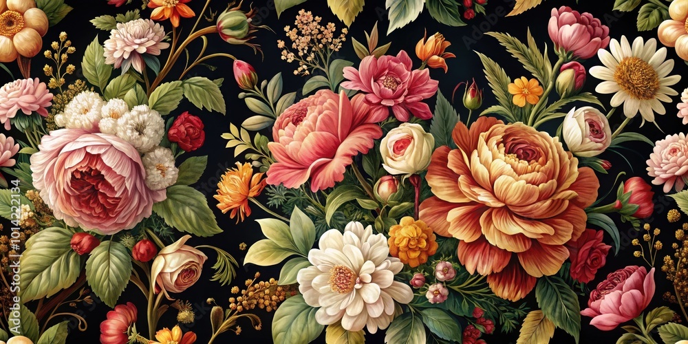 A vibrant and intricate floral pattern featuring an abundance of blooming flowers and lush foliage, creating a captivating tapestry of color and texture. A vibrant and intricate floral pattern featuring an abundance of blooming flowers and lush foliage, creating a captivating tapestry of color and texture.