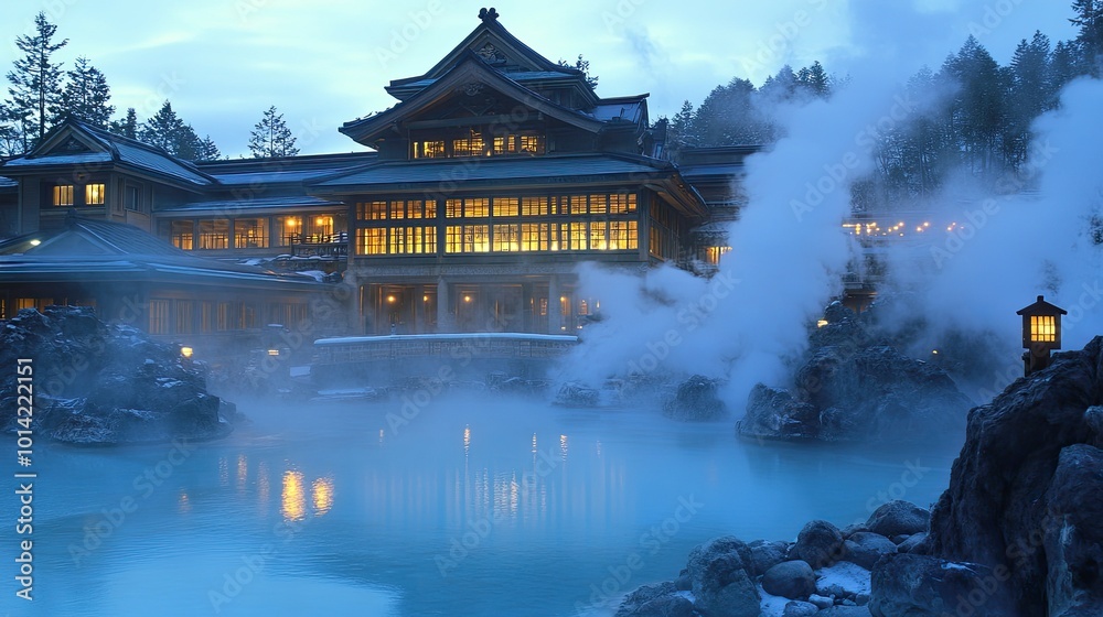 Obraz premium A traditional Japanese onsen (hot spring) resort with a wooden building and steaming water at dusk.