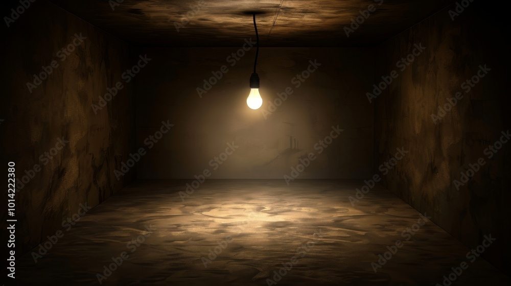 Dark empty room with single flickering light bulb casting long shadows, emphasizing absence of power and eerie atmosphere, minimalist setting with focus on light bulb's glow. Dark empty room with single flickering light bulb casting long shadows, emphasizing absence of power and eerie atmosphere, minimalist setting with focus on light bulb's glow.