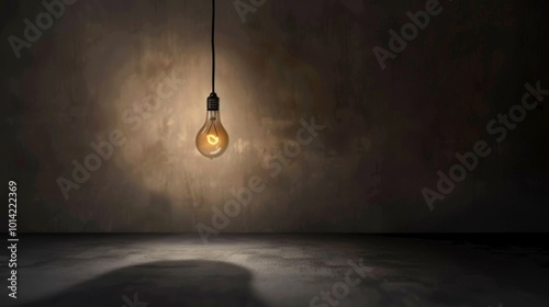 Dark empty room with single flickering light bulb casting long shadows, emphasizing absence of power and eerie atmosphere, minimalist setting with focus on light bulb's glow.