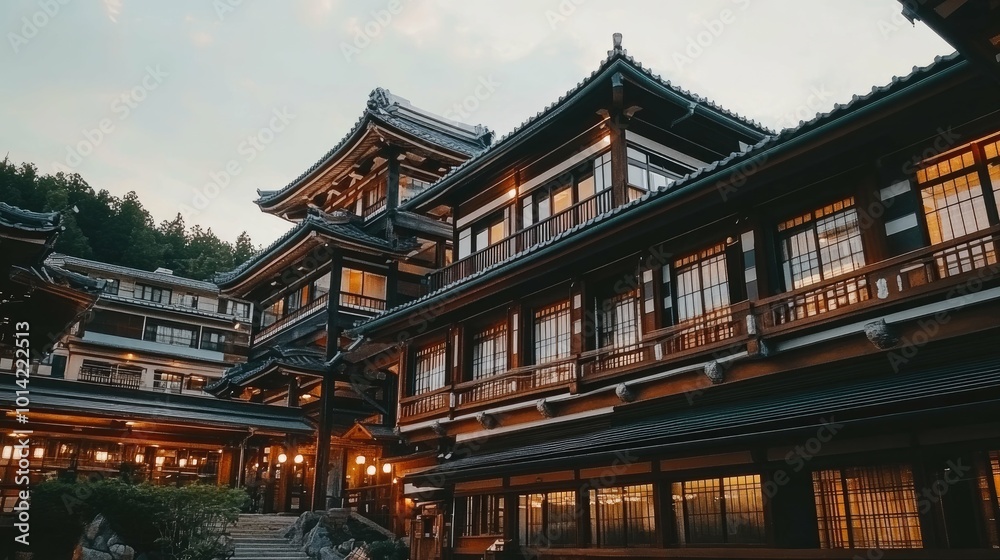 A traditional Japanese ryokan with wooden architecture and glowing windows. A traditional Japanese ryokan with wooden architecture and glowing windows.