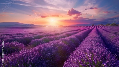 Stunning Lavender Field at Sunset with Dramatic Sky and Mountain Backdrop