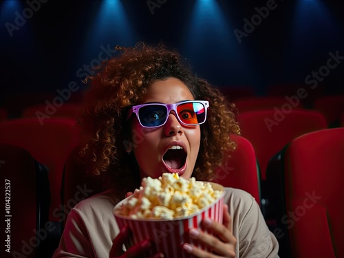 A woman in a movie theater, wearing 3D glasses, is eating popcorn and looking surprised
