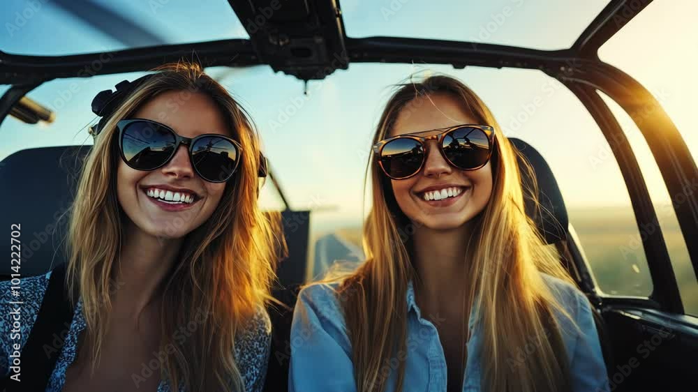 Two women are smiling while riding in a car with the top down on a sunny day Two women are smiling while riding in a car with the top down on a sunny day