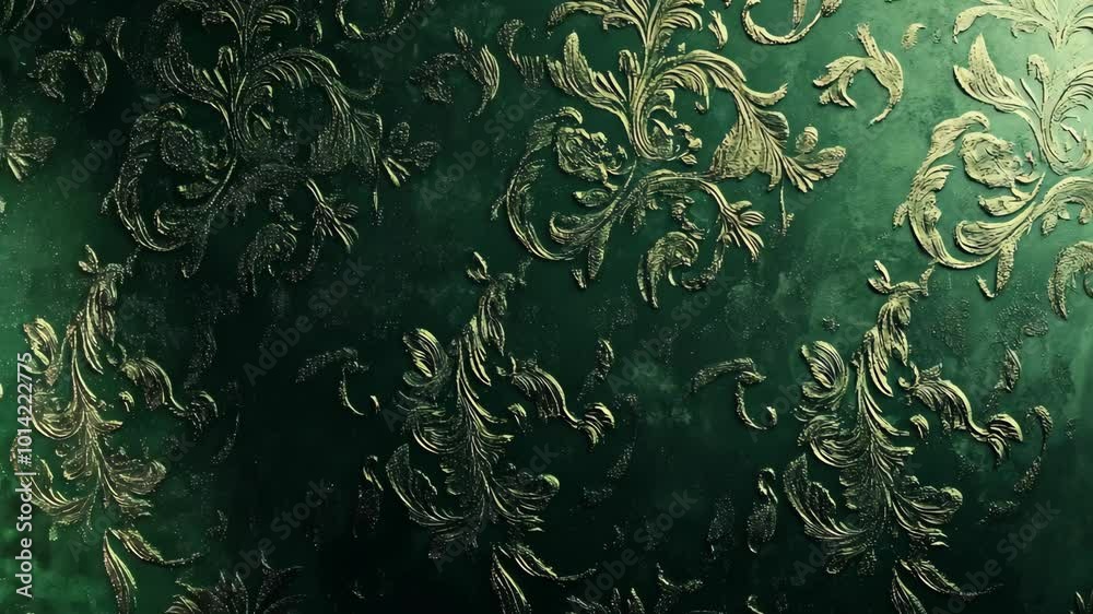 A close-up of an intricate, gold floral pattern on a dark green background