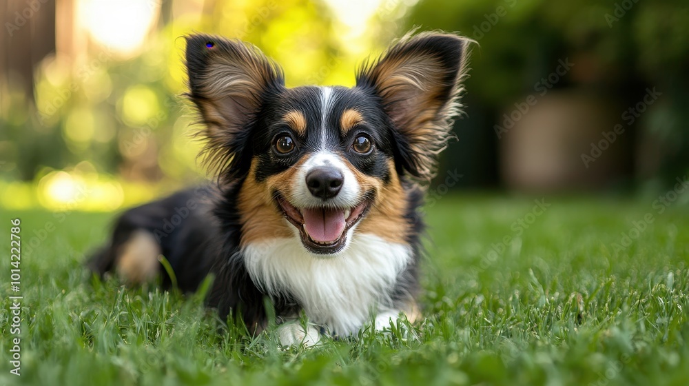 Happy pet dog playing on green grass lawn in full length portrait on summer day Happy pet dog playing on green grass lawn in full length portrait on summer day