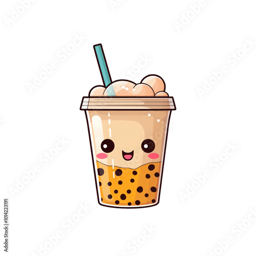 Cute cartoon boba tea with a straw. Suitable for menus, posters, social media posts, and tea shop branding designs. Generative AI