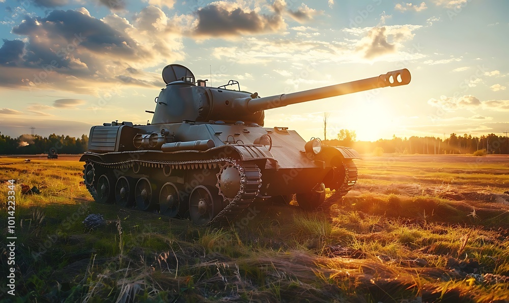 Fototapeta premium Military tank in the field at sunset.