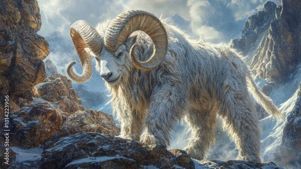 A powerful creature looms on rugged rocks, its dense fur and striking horns highlighted in exquisite clarity. A powerful creature looms on rugged rocks, its dense fur and striking horns highlighted in exquisite clarity.