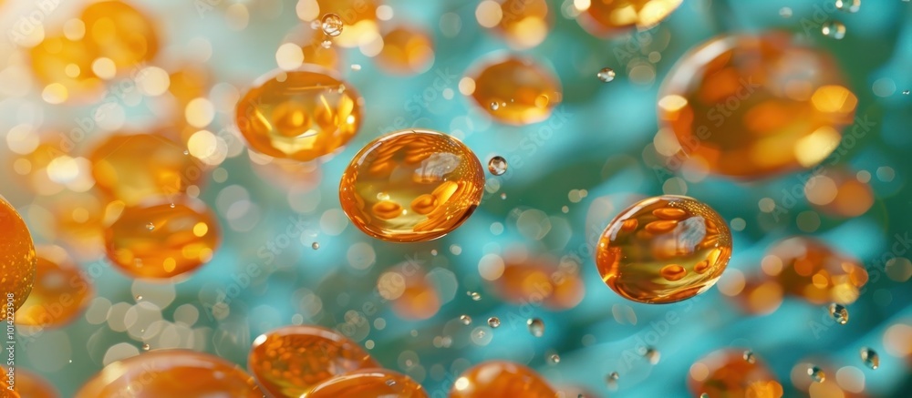 Captivating golden liquid bubbles floating in an enchanting aquamarine backdrop creating a mesmerizing and iridescent display of light and movement Captivating golden liquid bubbles floating in an enchanting aquamarine backdrop creating a mesmerizing and iridescent display of light and movement